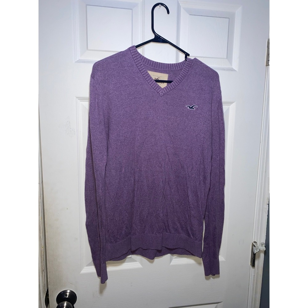 Hollister Womens V-Neck Sweater Purple Long Sleeve Seagull Logo Knit Pullover S
